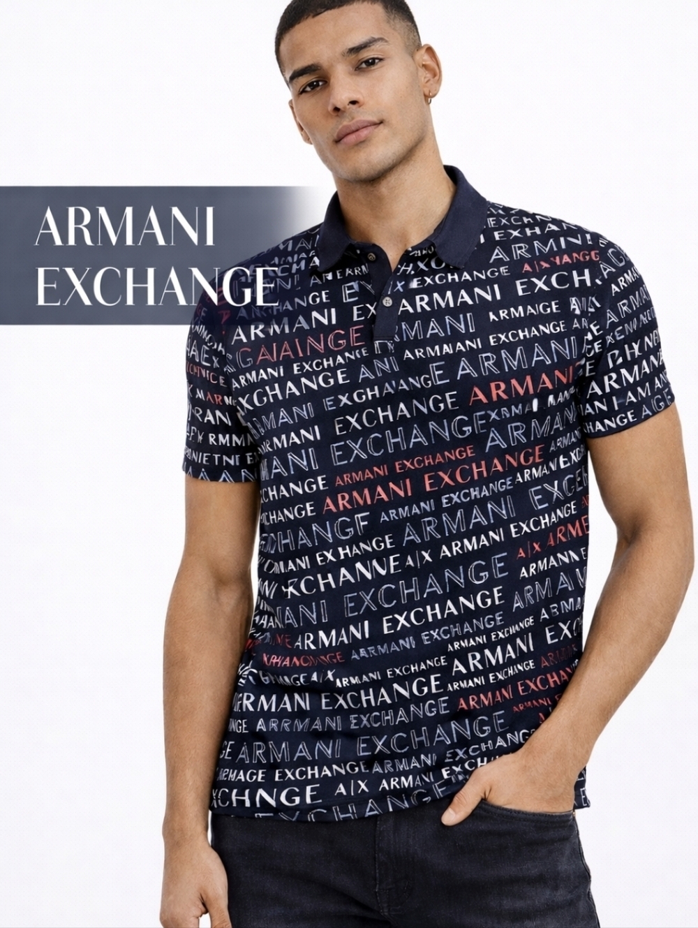 Armani Exchange Navy 100% Cotton Polo White Red Blue Logo Print, M Streetwear